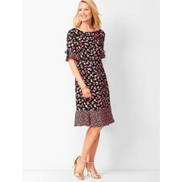 Talbots Dresses & Skirts - Talbots Petite Black Pink Floral Jewel-Neck Shift Dress Size 8P